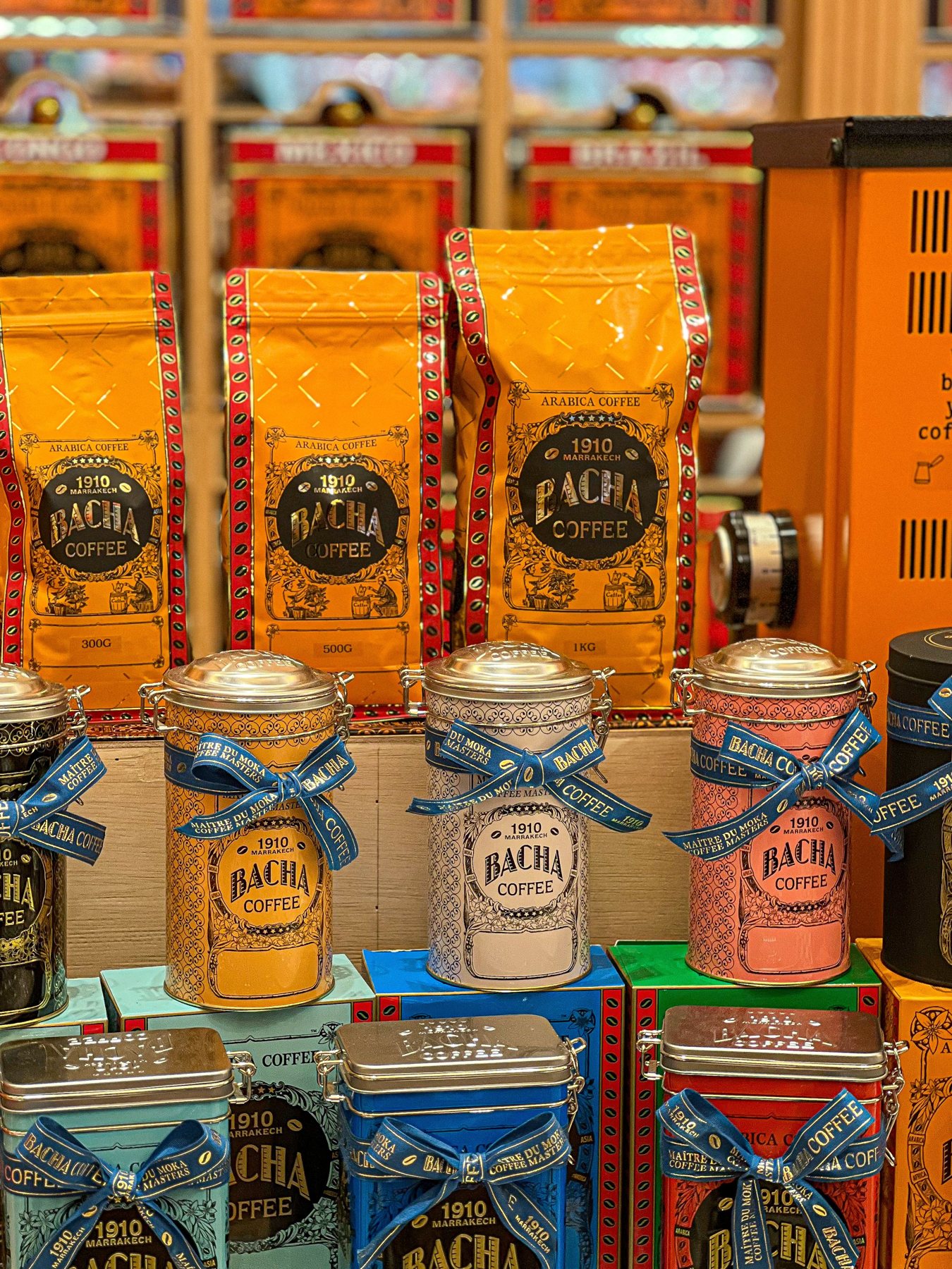 Coffee jars and bags displayed in a shop